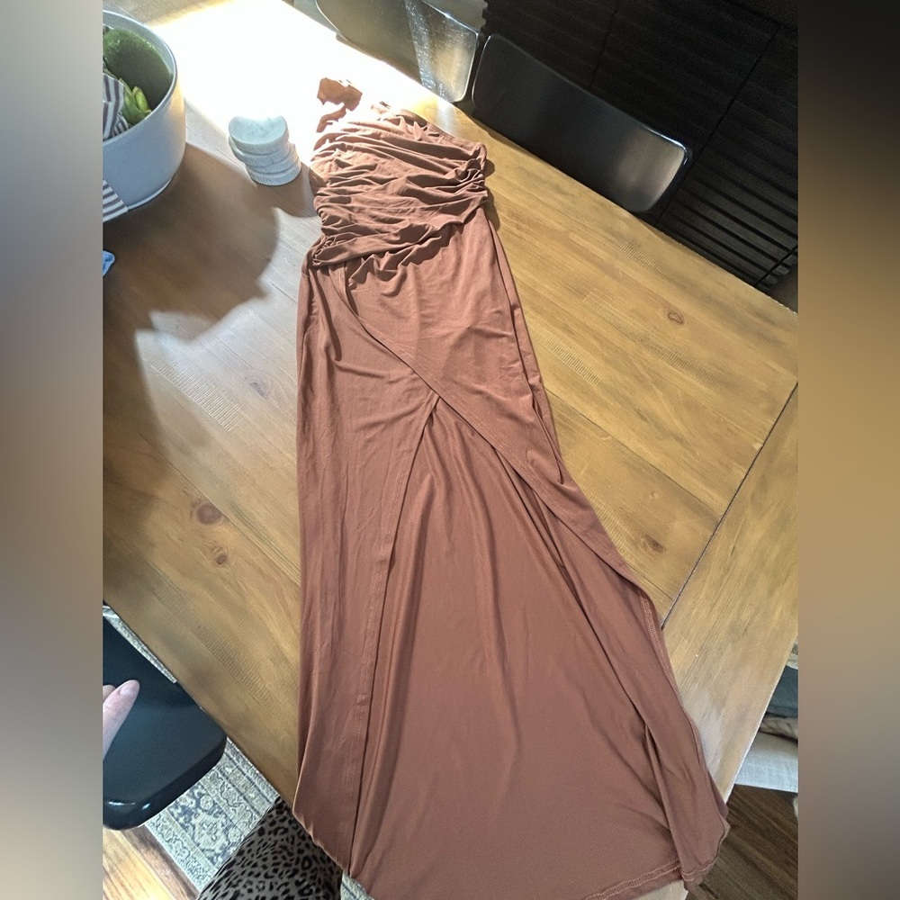 Chic One-Shoulder Brown Dress - Picture 11 of 11